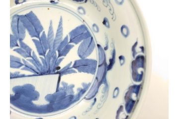 江戸期　古伊万里　染付　二重角福　渦福　波に魚?の図　約28cm　9.2寸　涼しげな雰囲気が素敵な大鉢(九寸二分、和食器、深皿)(R-070395)