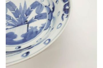 江戸期　古伊万里　染付　二重角福　渦福　波に魚?の図　約28cm　9.2寸　涼しげな雰囲気が素敵な大鉢(九寸二分、和食器、深皿)(R-070395)