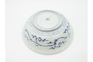 江戸期　古伊万里　染付　二重角福　渦福　波に魚?の図　約28cm　9.2寸　涼しげな雰囲気が素敵な大鉢(九寸二分、和食器、深皿)(R-070395)