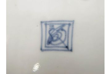 江戸期　古伊万里　染付　二重角福　渦福　波に魚?の図　約28cm　9.2寸　涼しげな雰囲気が素敵な大鉢(九寸二分、和食器、深皿)(R-070395)