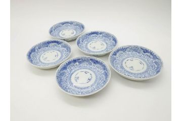 江戸期　古伊万里　染付　松竹梅文　5.1寸　約16cm　繊細に描かれた線描が美しい中皿5枚セット(和食器、和皿、五寸一分)(R-070397)