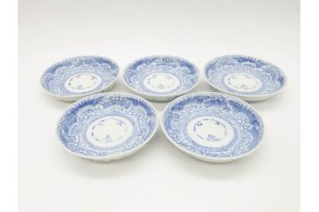 江戸期　古伊万里　染付　松竹梅文　5.1寸　約16cm　繊細に描かれた線描が美しい中皿5枚セット(和食器、和皿、五寸一分)(R-070397)