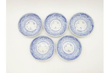 江戸期　古伊万里　染付　松竹梅文　5.1寸　約16cm　繊細に描かれた線描が美しい中皿5枚セット(和食器、和皿、五寸一分)(R-070397)