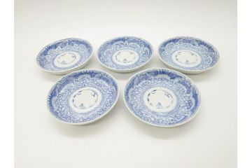 江戸期　古伊万里　染付　松竹梅文　5.1寸　約16cm　繊細に描かれた線描が美しい中皿5枚セット(和食器、和皿、五寸一分)(R-070398)