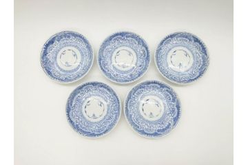 江戸期　古伊万里　染付　松竹梅文　5.1寸　約16cm　繊細に描かれた線描が美しい中皿5枚セット(和食器、和皿、五寸一分)(R-070398)