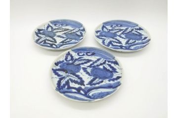 江戸期　古伊万里　染付　栗図　7.4寸　約23cm　藍色の濃淡が魅力的な中皿3枚セット(和食器、和皿、七寸四分)(R-070399)