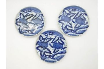江戸期　古伊万里　染付　栗図　7.4寸　約23cm　藍色の濃淡が魅力的な中皿3枚セット(和食器、和皿、七寸四分)(R-070399)