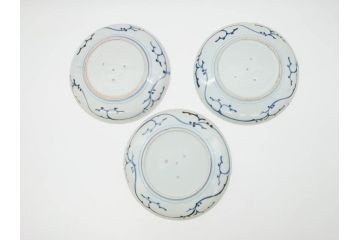 江戸期　古伊万里　染付　栗図　7.4寸　約23cm　藍色の濃淡が魅力的な中皿3枚セット(和食器、和皿、七寸四分)(R-070399)
