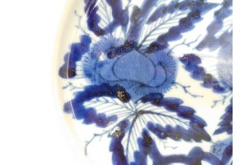 江戸期　古伊万里　染付　栗図　7.4寸　約23cm　藍色の濃淡が魅力的な中皿3枚セット(和食器、和皿、七寸四分)(R-070399)