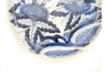 江戸期　古伊万里　染付　栗図　7.4寸　約23cm　藍色の濃淡が魅力的な中皿3枚セット(和食器、和皿、七寸四分)(R-070399)