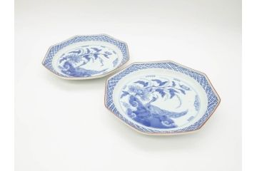 江戸期　上手物　古伊万里　染付　花鳥文　約22cm　7寸　美しい意匠が目を惹く八角皿2枚セット(七寸、中皿、和皿、和食器)(R-070400)