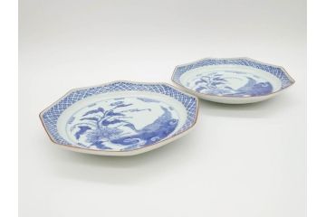 江戸期　上手物　古伊万里　染付　花鳥文　約22cm　7寸　美しい意匠が目を惹く八角皿2枚セット(七寸、中皿、和皿、和食器)(R-070400)