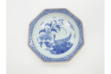 江戸期　上手物　古伊万里　染付　花鳥文　約22cm　7寸　美しい意匠が目を惹く八角皿2枚セット(七寸、中皿、和皿、和食器)(R-070400)