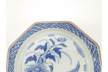 江戸期　上手物　古伊万里　染付　花鳥文　約22cm　7寸　美しい意匠が目を惹く八角皿2枚セット(七寸、中皿、和皿、和食器)(R-070400)