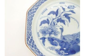 江戸期　上手物　古伊万里　染付　花鳥文　約22cm　7寸　美しい意匠が目を惹く八角皿2枚セット(七寸、中皿、和皿、和食器)(R-070400)