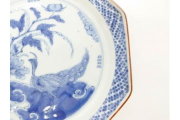 江戸期　上手物　古伊万里　染付　花鳥文　約22cm　7寸　美しい意匠が目を惹く八角皿2枚セット(七寸、中皿、和皿、和食器)(R-070400)