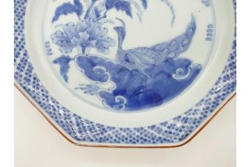 江戸期　上手物　古伊万里　染付　花鳥文　約22cm　7寸　美しい意匠が目を惹く八角皿2枚セット(七寸、中皿、和皿、和食器)(R-070400)