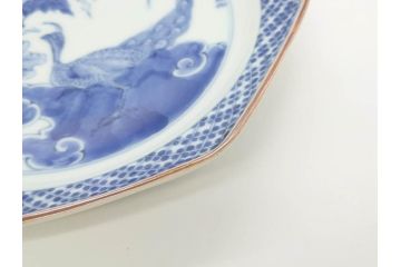 江戸期　上手物　古伊万里　染付　花鳥文　約22cm　7寸　美しい意匠が目を惹く八角皿2枚セット(七寸、中皿、和皿、和食器)(R-070400)