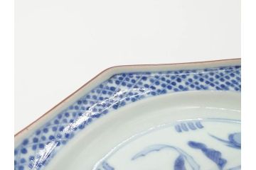 江戸期　上手物　古伊万里　染付　花鳥文　約22cm　7寸　美しい意匠が目を惹く八角皿2枚セット(七寸、中皿、和皿、和食器)(R-070400)