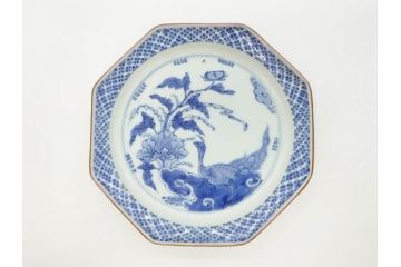 江戸期　上手物　古伊万里　染付　花鳥文　約22cm　7寸　美しい意匠が目を惹く八角皿2枚セット(七寸、中皿、和皿、和食器)(R-070400)