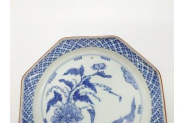 江戸期　上手物　古伊万里　染付　花鳥文　約22cm　7寸　美しい意匠が目を惹く八角皿2枚セット(七寸、中皿、和皿、和食器)(R-070400)