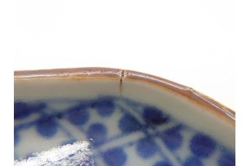 江戸期　上手物　古伊万里　染付　花鳥文　約22cm　7寸　美しい意匠が目を惹く八角皿2枚セット(七寸、中皿、和皿、和食器)(R-070400)