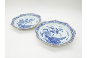 江戸期　上手物　古伊万里　染付　花鳥文　約22cm　7寸　美しい意匠が目を惹く八角皿2枚セット(七寸、中皿、和皿、和食器)(R-070401)