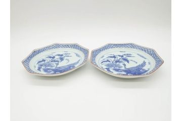 江戸期　上手物　古伊万里　染付　花鳥文　約22cm　7寸　美しい意匠が目を惹く八角皿2枚セット(七寸、中皿、和皿、和食器)(R-070401)
