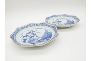 江戸期　上手物　古伊万里　染付　花鳥文　約22cm　7寸　美しい意匠が目を惹く八角皿2枚セット(七寸、中皿、和皿、和食器)(R-070401)