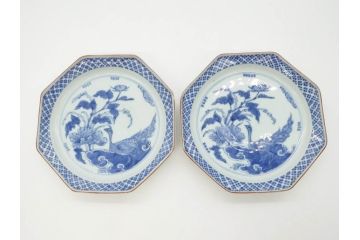 江戸期　上手物　古伊万里　染付　花鳥文　約22cm　7寸　美しい意匠が目を惹く八角皿2枚セット(七寸、中皿、和皿、和食器)(R-070401)