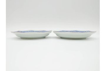 江戸期　上手物　古伊万里　染付　花鳥文　約22cm　7寸　美しい意匠が目を惹く八角皿2枚セット(七寸、中皿、和皿、和食器)(R-070401)