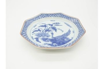 江戸期　上手物　古伊万里　染付　花鳥文　約22cm　7寸　美しい意匠が目を惹く八角皿2枚セット(七寸、中皿、和皿、和食器)(R-070401)