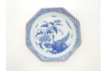 江戸期　上手物　古伊万里　染付　花鳥文　約22cm　7寸　美しい意匠が目を惹く八角皿2枚セット(七寸、中皿、和皿、和食器)(R-070401)