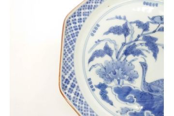 江戸期　上手物　古伊万里　染付　花鳥文　約22cm　7寸　美しい意匠が目を惹く八角皿2枚セット(七寸、中皿、和皿、和食器)(R-070401)