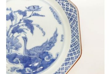 江戸期　上手物　古伊万里　染付　花鳥文　約22cm　7寸　美しい意匠が目を惹く八角皿2枚セット(七寸、中皿、和皿、和食器)(R-070401)