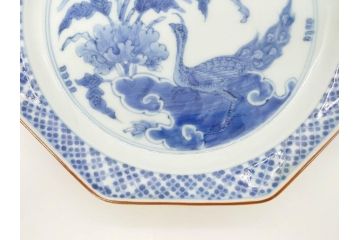 江戸期　上手物　古伊万里　染付　花鳥文　約22cm　7寸　美しい意匠が目を惹く八角皿2枚セット(七寸、中皿、和皿、和食器)(R-070401)