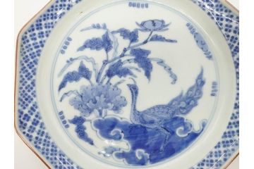 江戸期　上手物　古伊万里　染付　花鳥文　約22cm　7寸　美しい意匠が目を惹く八角皿2枚セット(七寸、中皿、和皿、和食器)(R-070401)
