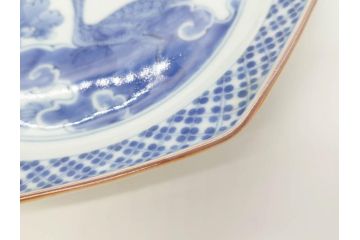 江戸期　上手物　古伊万里　染付　花鳥文　約22cm　7寸　美しい意匠が目を惹く八角皿2枚セット(七寸、中皿、和皿、和食器)(R-070401)
