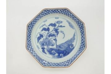 江戸期　上手物　古伊万里　染付　花鳥文　約22cm　7寸　美しい意匠が目を惹く八角皿2枚セット(七寸、中皿、和皿、和食器)(R-070401)