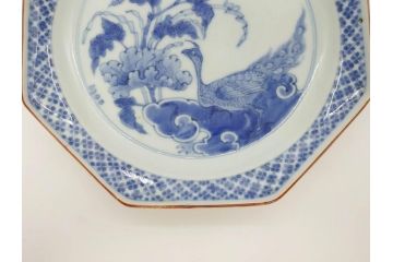 江戸期　上手物　古伊万里　染付　花鳥文　約22cm　7寸　美しい意匠が目を惹く八角皿2枚セット(七寸、中皿、和皿、和食器)(R-070401)