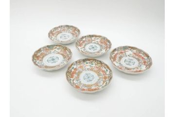 幕末　古伊万里　金彩　色絵　約12cm　3.8寸　煌びやかな絵付けが素敵な小皿5枚セット(獅子、松竹、和食器、深皿、和皿、三寸八分)(R-070406)