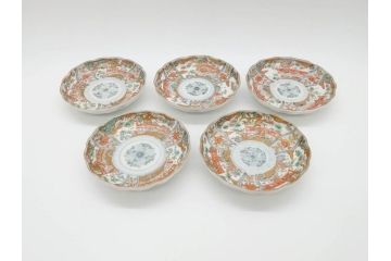 幕末　古伊万里　金彩　色絵　約12cm　3.8寸　煌びやかな絵付けが素敵な小皿5枚セット(獅子、松竹、和食器、深皿、和皿、三寸八分)(R-070406)
