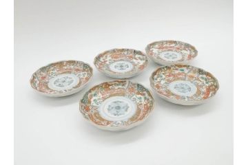 幕末　古伊万里　金彩　色絵　約12cm　3.8寸　煌びやかな絵付けが素敵な小皿5枚セット(獅子、松竹、和食器、深皿、和皿、三寸八分)(R-070406)