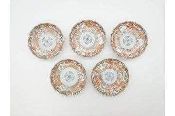 幕末　古伊万里　金彩　色絵　約12cm　3.8寸　煌びやかな絵付けが素敵な小皿5枚セット(獅子、松竹、和食器、深皿、和皿、三寸八分)(R-070406)