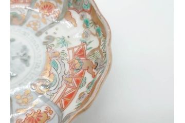 幕末　古伊万里　金彩　色絵　約12cm　3.8寸　煌びやかな絵付けが素敵な小皿5枚セット(獅子、松竹、和食器、深皿、和皿、三寸八分)(R-070406)