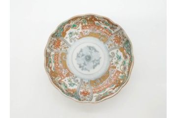 幕末　古伊万里　金彩　色絵　約12cm　3.8寸　煌びやかな絵付けが素敵な小皿5枚セット(獅子、松竹、和食器、深皿、和皿、三寸八分)(R-070406)