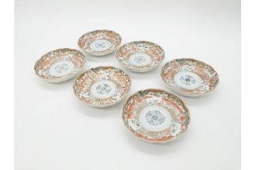 幕末　古伊万里　金彩　色絵　約12cm　3.8寸　煌びやかな絵付けが素敵な小皿6枚セット(獅子、松竹、和食器、深皿、和皿、三寸八分)(R-070407)