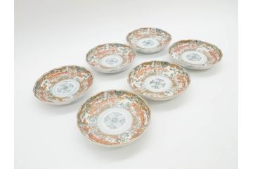幕末　古伊万里　金彩　色絵　約12cm　3.8寸　煌びやかな絵付けが素敵な小皿6枚セット(獅子、松竹、和食器、深皿、和皿、三寸八分)(R-070407)