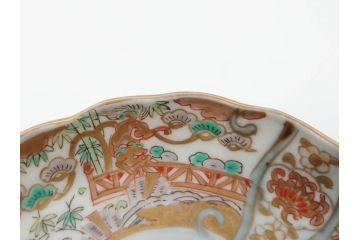 幕末　古伊万里　金彩　色絵　約12cm　3.8寸　煌びやかな絵付けが素敵な小皿6枚セット(獅子、松竹、和食器、深皿、和皿、三寸八分)(R-070407)