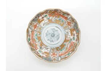 幕末　古伊万里　金彩　色絵　約12cm　3.8寸　煌びやかな絵付けが素敵な小皿6枚セット(獅子、松竹、和食器、深皿、和皿、三寸八分)(R-070407)